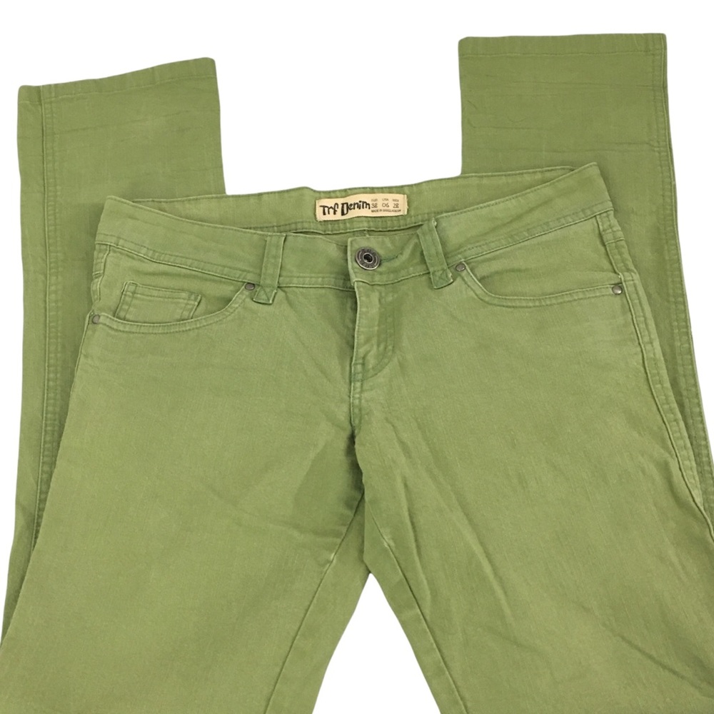ZARA Trf Denim Boot Cut Low Rise Zip Pockets Green Denim Wash